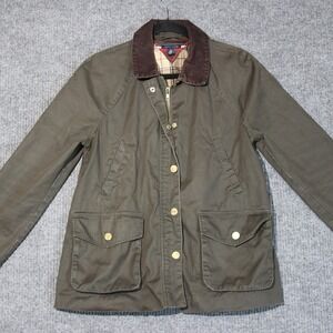 Tommy Hilfiger Olive Green Waxed Cotton Barn Chore Jacket Plaid Corduroy Collar